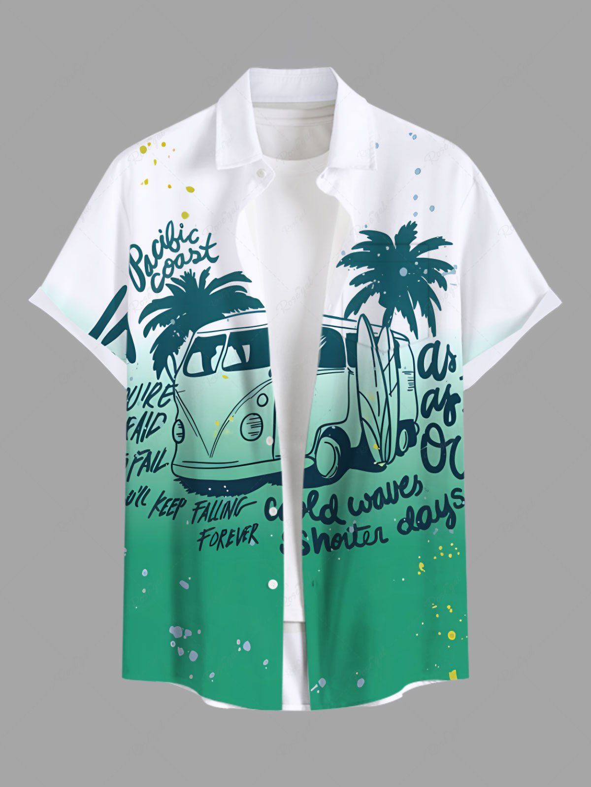 Latest Plus Size Coconut Tree Bus Letters Print Hawaii Ombre Button Pocket Shirt For Men  