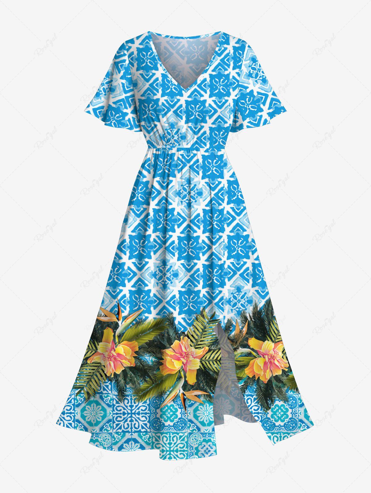 Cheap Plus Size Vintage Geometric Floral Tropical Leaves Print Hawaii Split Pocket A Line Midi Dress  
