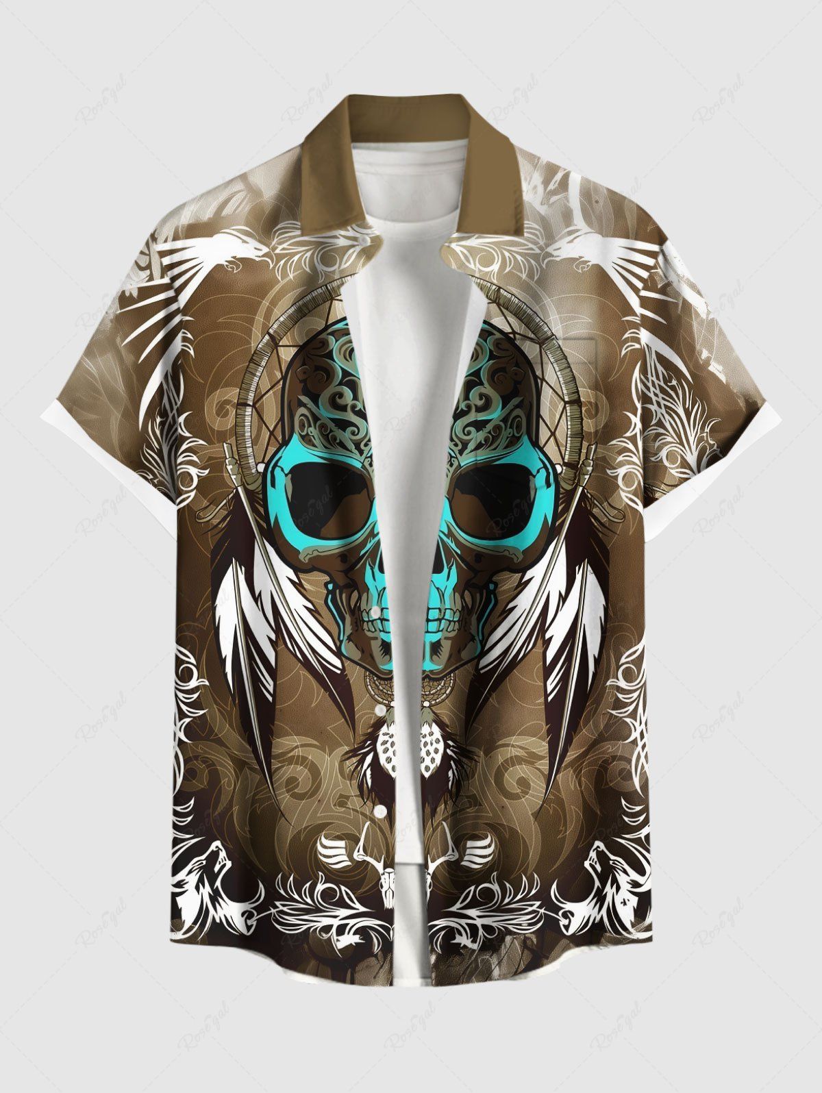 Trendy Plus Size Distressed Skull Dreamcatcher Feather Wing Print Hawaii Button Pocket Shirt For Men  