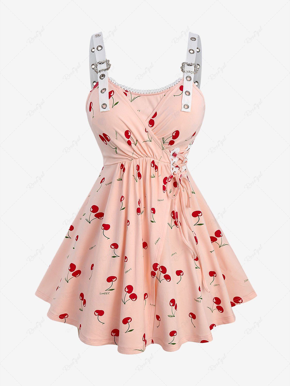 Cheap Plus Size Cherry Print Lace-up Grommets Buckle Surplice Lace Trim Tank Top  