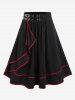 Haut Péplum Rose Imprimée de Grande Taille à Lacets et de Jupe Ligne A Mi-Longue à Volants - Rouge 