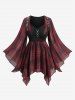 Plaid Printed Chain Ruched PU Strap Corset Blouse and Floral Flocking Lace-up Flare Pants Plus Size Outfit - Rouge foncé 