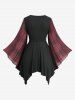 Plaid Printed Chain Ruched PU Strap Corset Blouse and Floral Flocking Lace-up Flare Pants Plus Size Outfit - Rouge foncé 