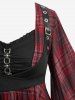 Plaid Printed Chain Ruched PU Strap Corset Blouse and Floral Flocking Lace-up Flare Pants Plus Size Outfit - Rouge foncé 