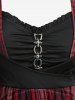 Plaid Printed Chain Ruched PU Strap Corset Blouse and Floral Flocking Lace-up Flare Pants Plus Size Outfit - Rouge foncé 