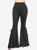 Plaid Printed Chain Ruched PU Strap Corset Blouse and Floral Flocking Lace-up Flare Pants Plus Size Outfit - Rouge foncé 