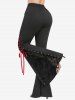 Plaid Printed Chain Ruched PU Strap Corset Blouse and Floral Flocking Lace-up Flare Pants Plus Size Outfit - Rouge foncé 