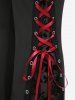 Plaid Printed Chain Ruched PU Strap Corset Blouse and Floral Flocking Lace-up Flare Pants Plus Size Outfit - Rouge foncé 