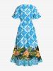 Plus Size Vintage Geometric Floral Tropical Leaves Print Hawaii Split Pocket A Line Midi Dress -  