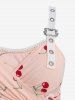 Plus Size Cherry Print Lace-up Grommets Buckle Surplice Lace Trim Tank Top -  