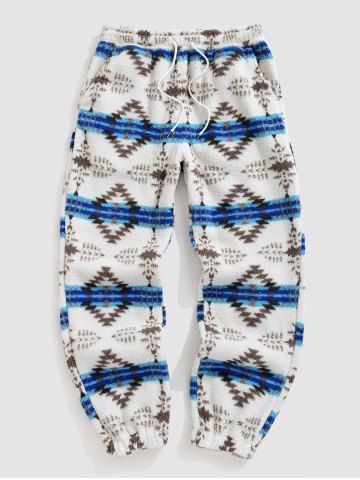 Ethnic Geometric Aztec Print Faux Fur Fluffy Drawstring Jogger Pants - BLUE - XL