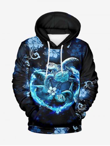 Plus Size Tropical Hibiscus Flower Turtle Heart Print Pocket Drawstring Hawaii Hoodie For Men - BLACK - 3XL
