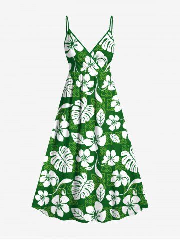 Plus Size Tropical Leaf Hibiscus Flower Print Surplice Hawaii Cami Dress - GREEN - S