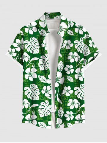 Plus Size Tropical Leaf Hibiscus Flower Print Buttons Pocket Hawaii Shirt For Men - GREEN - S