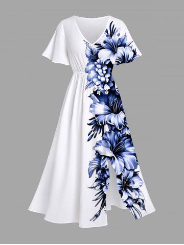 Plus Size Tropical Leaf Hibiscus Flower Print Split Hawaii Midi Dress - WHITE - S