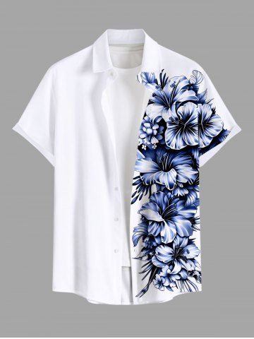 Plus Size Tropical Leaf Hibiscus Flower Print Buttons Pocket Hawaii Shirt For Men