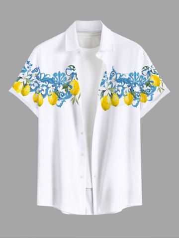 Plus Size Lemon Leaf Floral Pattern Print Buttons Pocket Hawaii Shirt For Men - WHITE - L