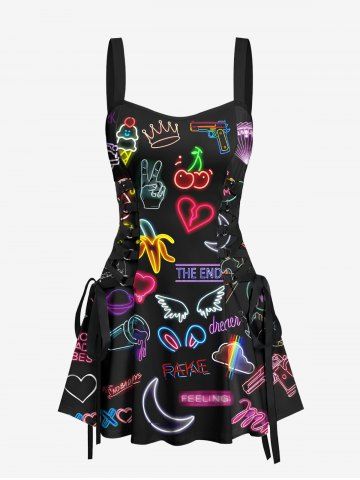 Neon Flamingo Cherry Banana Heart Moon Wing Cloud Print Hawaii Lace Up A Line Tank Dress - BLACK - S