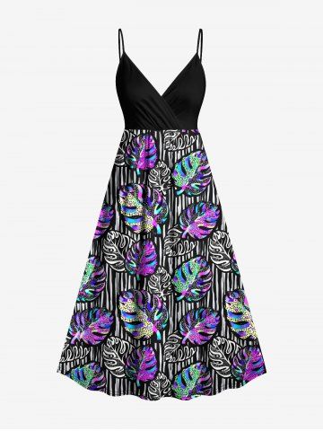 Plus Size Colorful Tropical Leaves Striped Background Print Hawaii Surplice A Line Cami Dress - BLACK - M