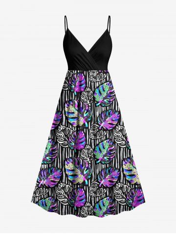 Plus Size Colorful Tropical Leaves Striped Background Print Hawaii Surplice A Line Cami Dress - BLACK - 3X