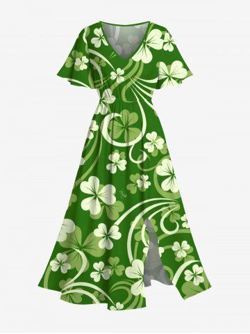 Plus Size St. Patrick's Day Clover Leaves Print Split Midi Dress