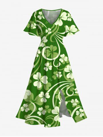 Plus Size St. Patrick's Day Clover Leaves Print Split Midi Dress - GREEN - 6X