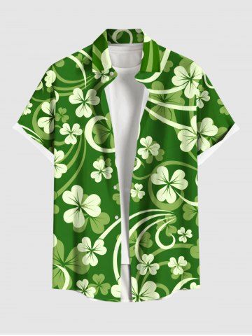 Plus Size St. Patrick's Day Clover Leaves Print Buttons Pocket Shirt For Men - GREEN - 3XL