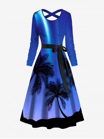 Coconut Tree Star Glitter 3D Print Crisscross Hawaii Dress With A Belt - BLUE - XS