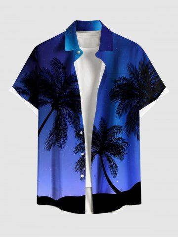 Plus Size Coconut Tree Star Glitter 3D Print Buttons Pocket Hawaii Shirt For Men