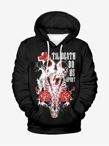 Plus Size Skeleton Lovers Flower Cross Letters Print Valentines Pocket Drawstring Pullover Long Sleeves Hoodie For Men - BLACK - 2XL