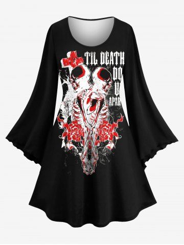 Plus Size Skeleton Lovers Flower Cross Letters Print Valentines Flare Sleeves A Line Dress - BLACK - S