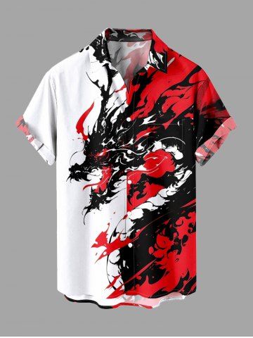 Plus Size Contrast Dragon Ink Painting Splatter Print Hawaii Button Pocket Shirt For Men - RED - 3XL