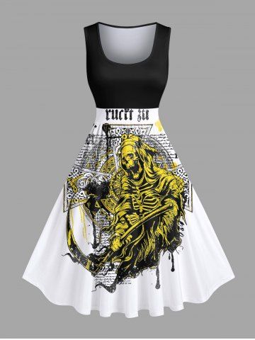 Plus Size Skeleton Wizard Sickle Cross Letters Print Vintage Swing A Line Dress - BLACK - L