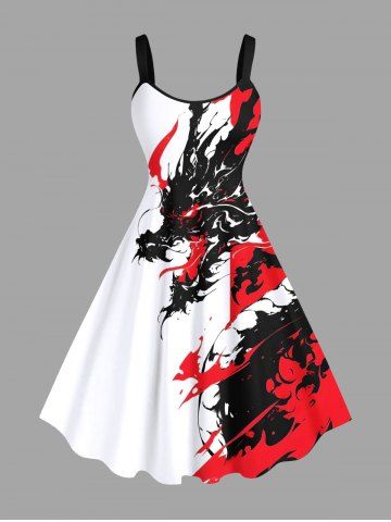 Plus Size Contrast Dragon Ink Painting Splatter Print Hawaii A Line Tank Dress - RED - 1X
