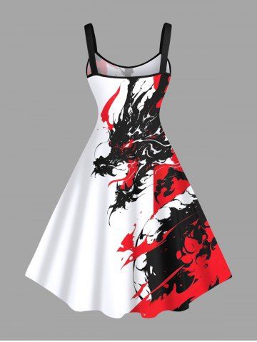 Plus Size Contrast Dragon Ink Painting Splatter Print Hawaii A Line Tank Dress