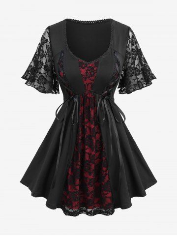 Plus Size Rose Flower Lace Panel Patchwork Lace-up Top - BLACK - 3X | US 22-24