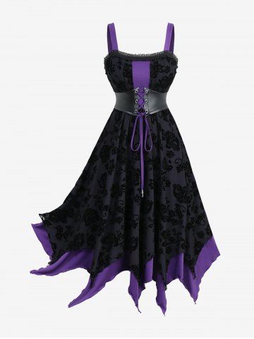 Gothic Plus Size Rose Flower Flocking Lace Up Ruffles Asymmetrical Tank Dress - PURPLE - 4X | US 26-28