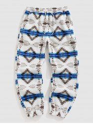 Pantalon Jogging avec Cordon de Serrage en Fausse Fourrure Imprimé Aztèque Géométrique Style Ethnique - Bleu XL