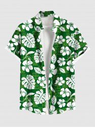 Plus Size Tropical Leaf Hibiscus Flower Print Buttons Pocket Hawaii Shirt For Men -  