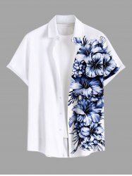 Plus Size Tropical Leaf Hibiscus Flower Print Buttons Pocket Hawaii Shirt For Men -  