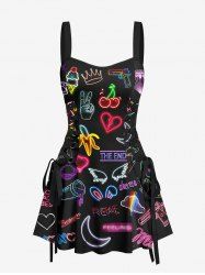 Neon Flamingo Cherry Banana Heart Moon Wing Cloud Print Hawaii Lace Up A Line Tank Dress -  