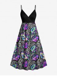 Plus Size Colorful Tropical Leaves Striped Background Print Hawaii Surplice A Line Cami Dress -  