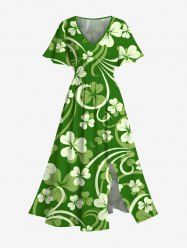 Robe Mi-Longue Fendue Feuille Imprimée de Grande Taille - Vert 6X