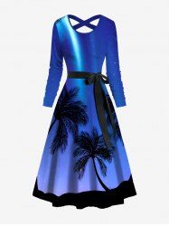 Robe Trapèze Croisée Etoile Cocotier 3D et Ceinture - Bleu L