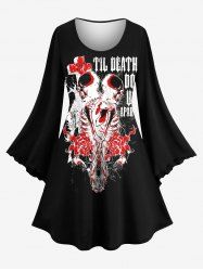 Robe Ligne A Cœur Squelette et Lettre Imprimés de Grande Taille à Manches Evasées - Noir S