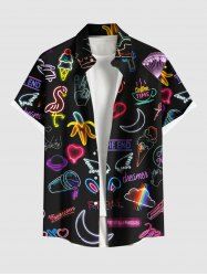 Plus Size Neon Flamingo Cherry Banana Heart Moon Wing Cloud Print Hawaii Button Pocket Shirt For Men -  