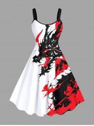 Robe Hawaï Ligne A Dragon D'Encre Contrasté Imprimé de Grande Taille - Rouge S