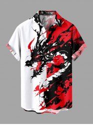 Plus Size Contrast Dragon Ink Painting Splatter Print Hawaii Button Pocket Shirt For Men -  