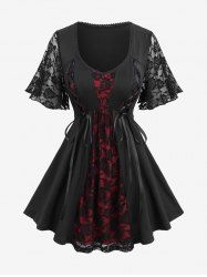 Plus Size Rose Flower Lace Panel Patchwork Lace-up Top -  