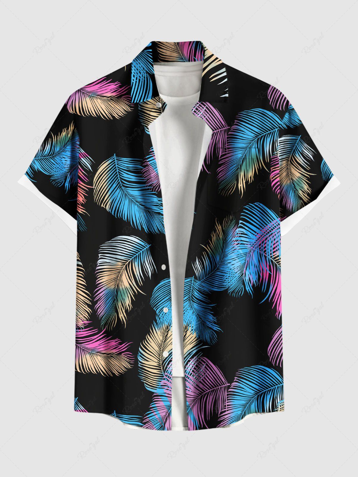Online Plus Size Colorful Feather Print Buttons Pocket Hawaii Shirt For Men  